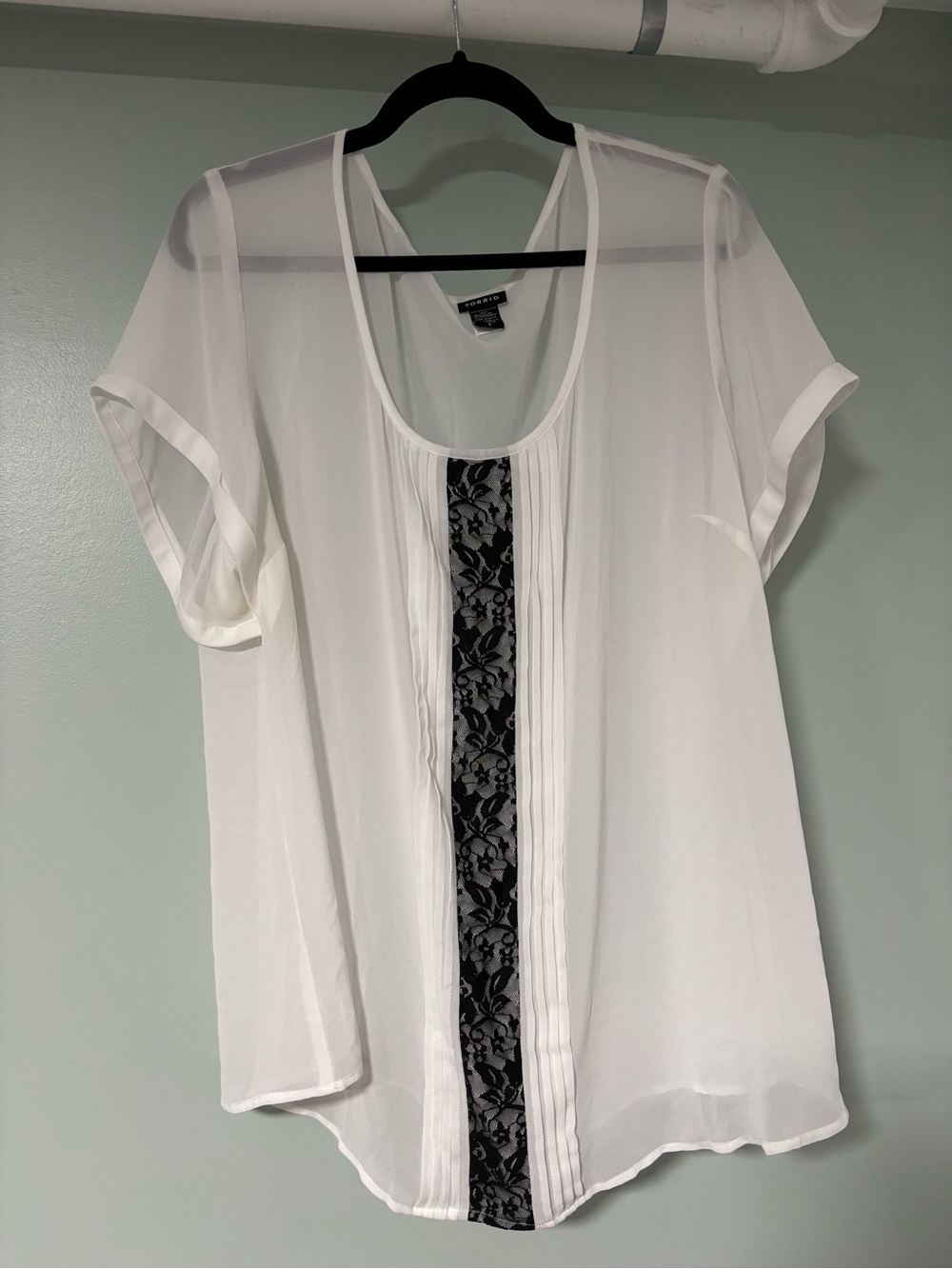 torrid White Short-Sleeve Blouse with Black Lace Front Panel